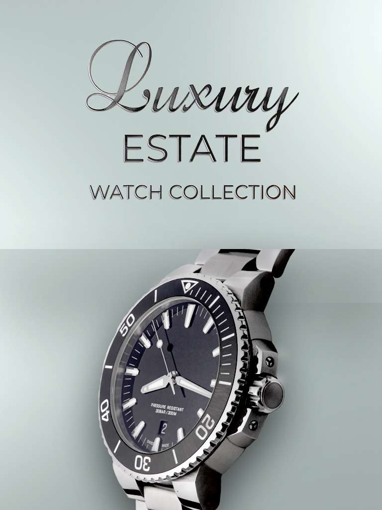 "Luxury Estate Collection" is written on the left of a silver watch